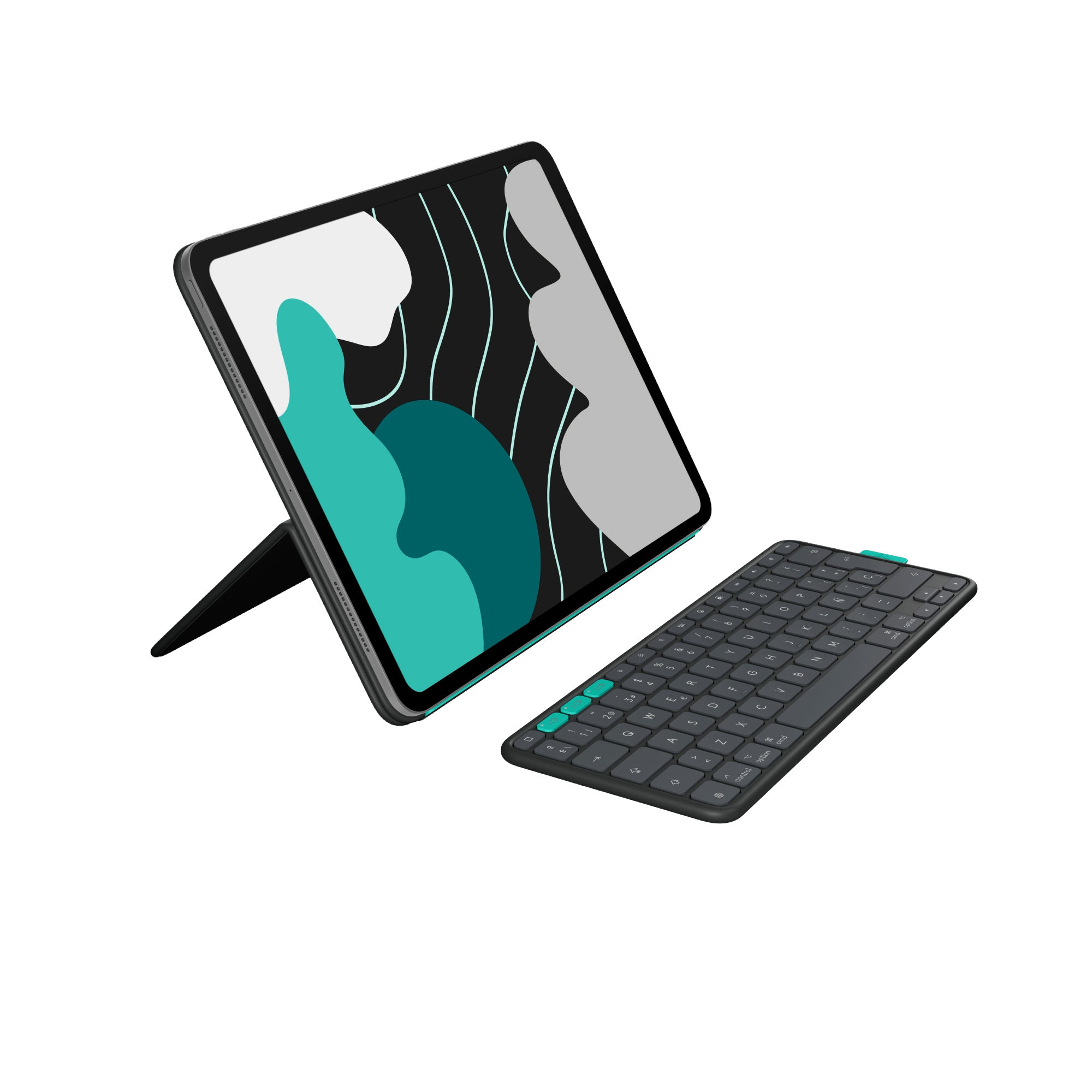 Tableta con teclado. La tableta muestra arte abstracto. El teclado es negro con detalles turquesa. Fondo negro.