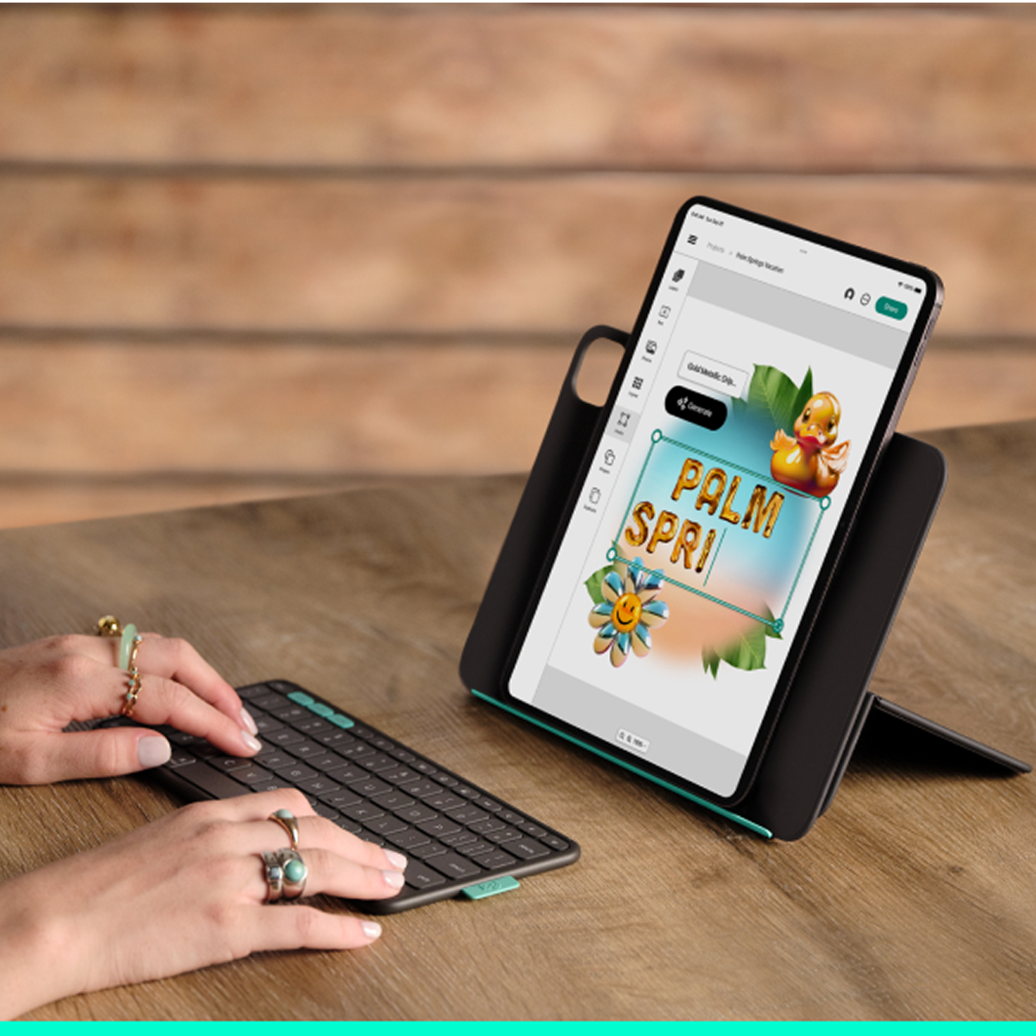 Persona escribe en teclado. Tableta muestra diseño "Palm Springs". Fondo de madera.