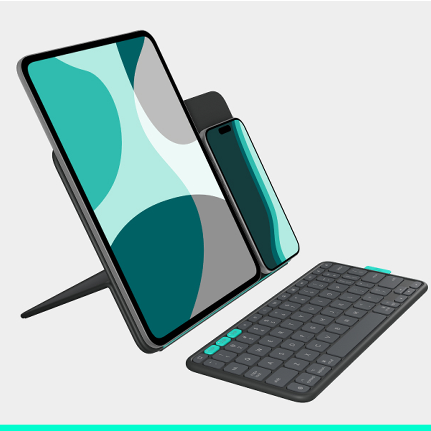 Un soporte para tableta y teléfono con teclado. Los dispositivos muestran gráficos turquesa y grises. El teclado es gris con detalles turquesa.