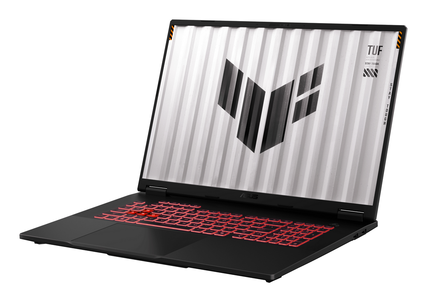 Portátil ASUS TUF negro con teclado retroiluminado rojo. Pantalla con logo en fondo a rayas, abierta.