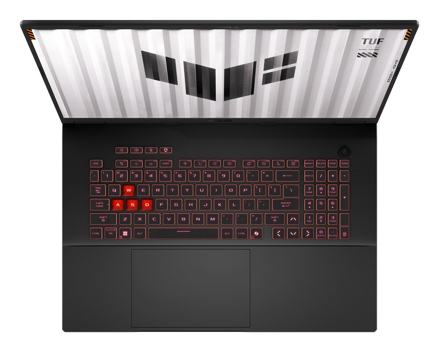 Portátil ASUS negro con teclado retroiluminado en rojo. La pantalla muestra gráficos blancos. El teclado tiene teclas WASD resaltadas.