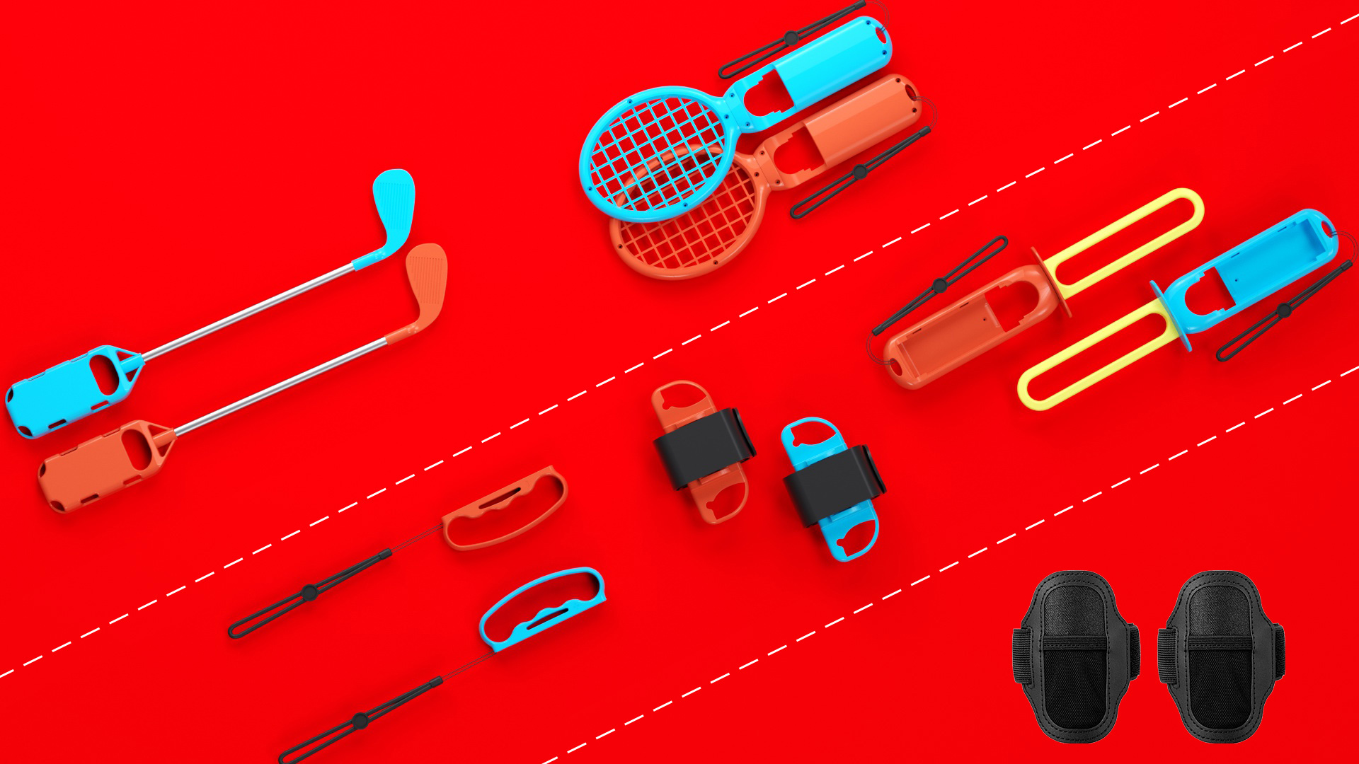 Różne kolorowe akcesoria do gier na czerwonym tle, w tym kije golfowe, rakiety tenisowe i paski na ramię.