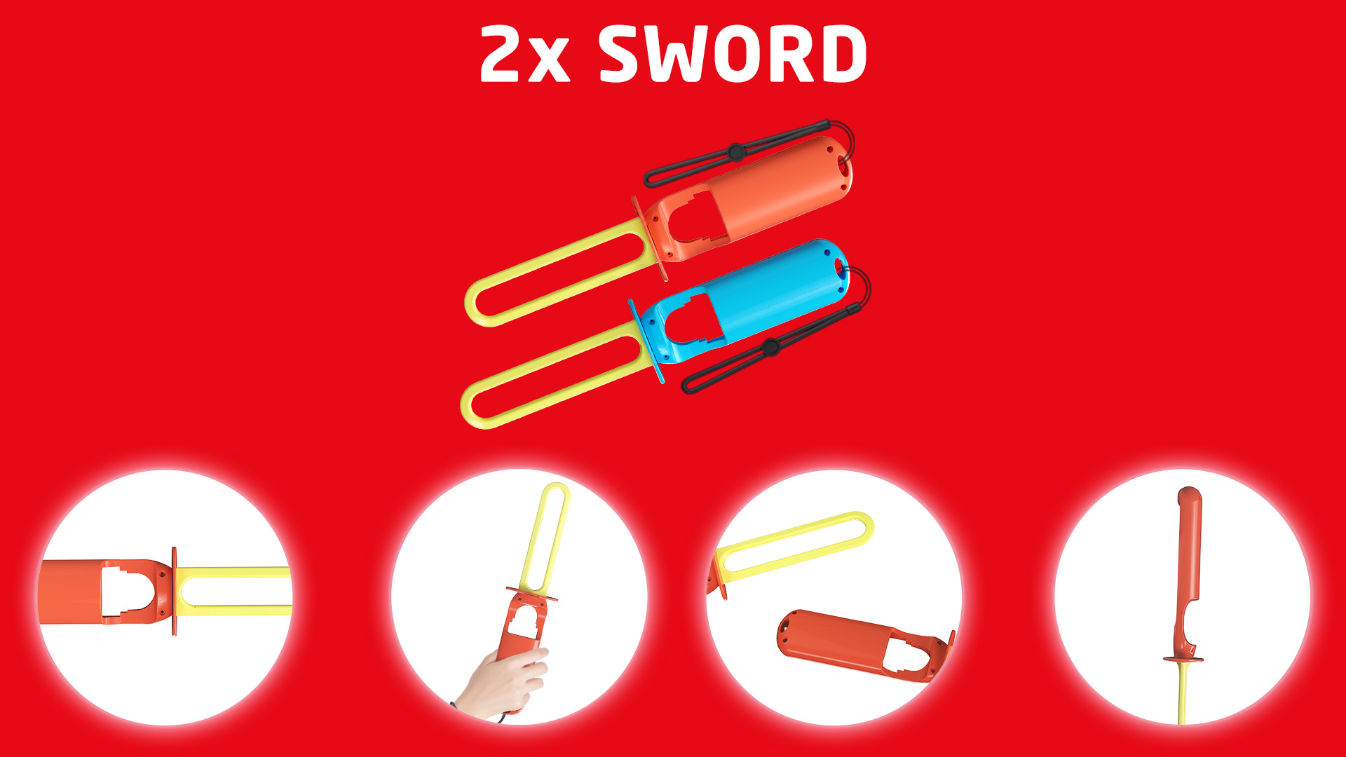 Zdjęcie przedstawia dwa zabawki miecze: pomarańczowy i niebieski. Każdy ma żółtą rączkę i czarny pasek. Tło jest czerwone ze zdjęciami szczegółów.