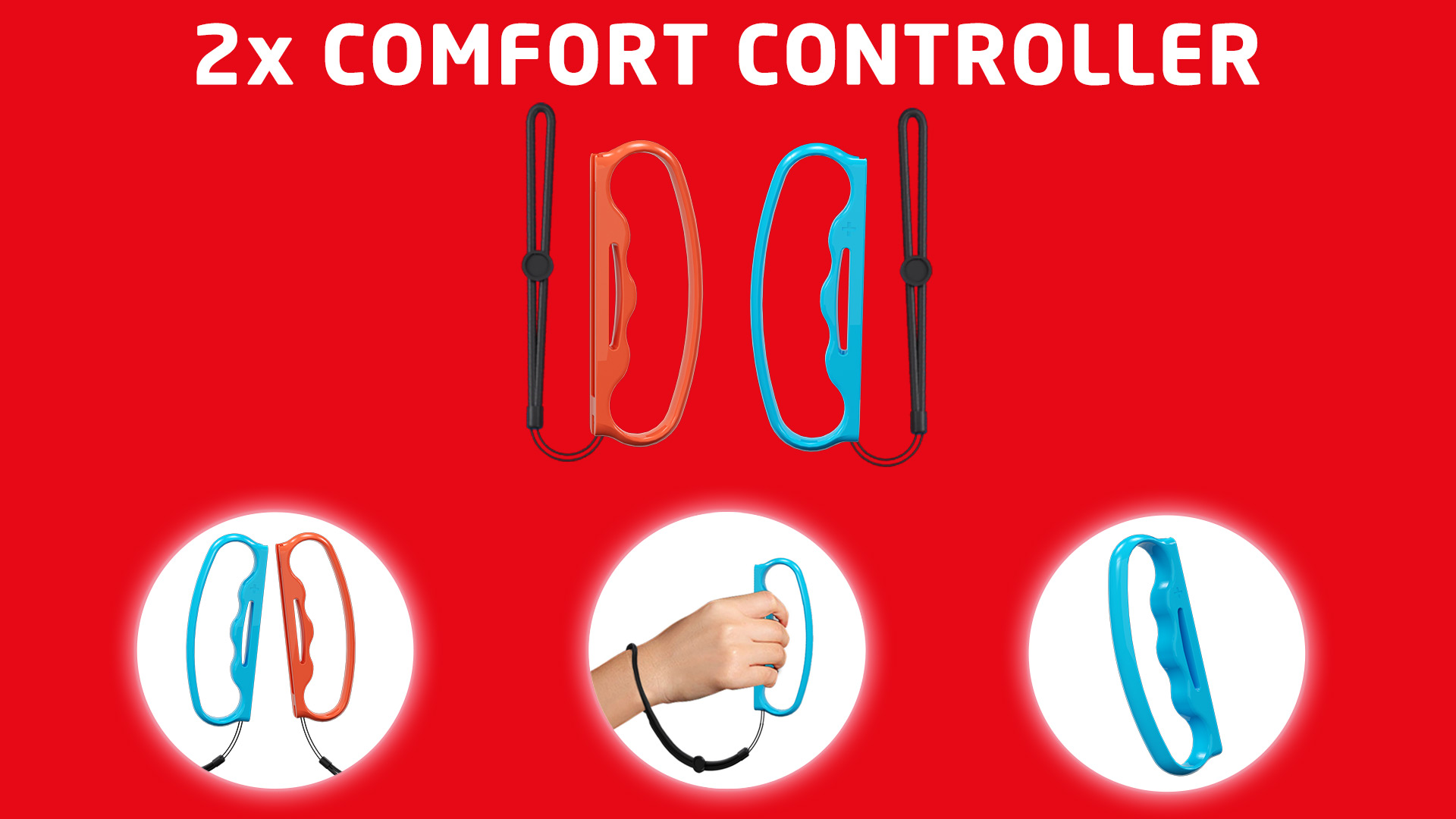 Obraz pokazuje dwa kontrolery, jeden pomarańczowy, jeden niebieski, z paskami na nadgarstek, na czerwonym tle. Dodatkowe widoki kontrolerów.