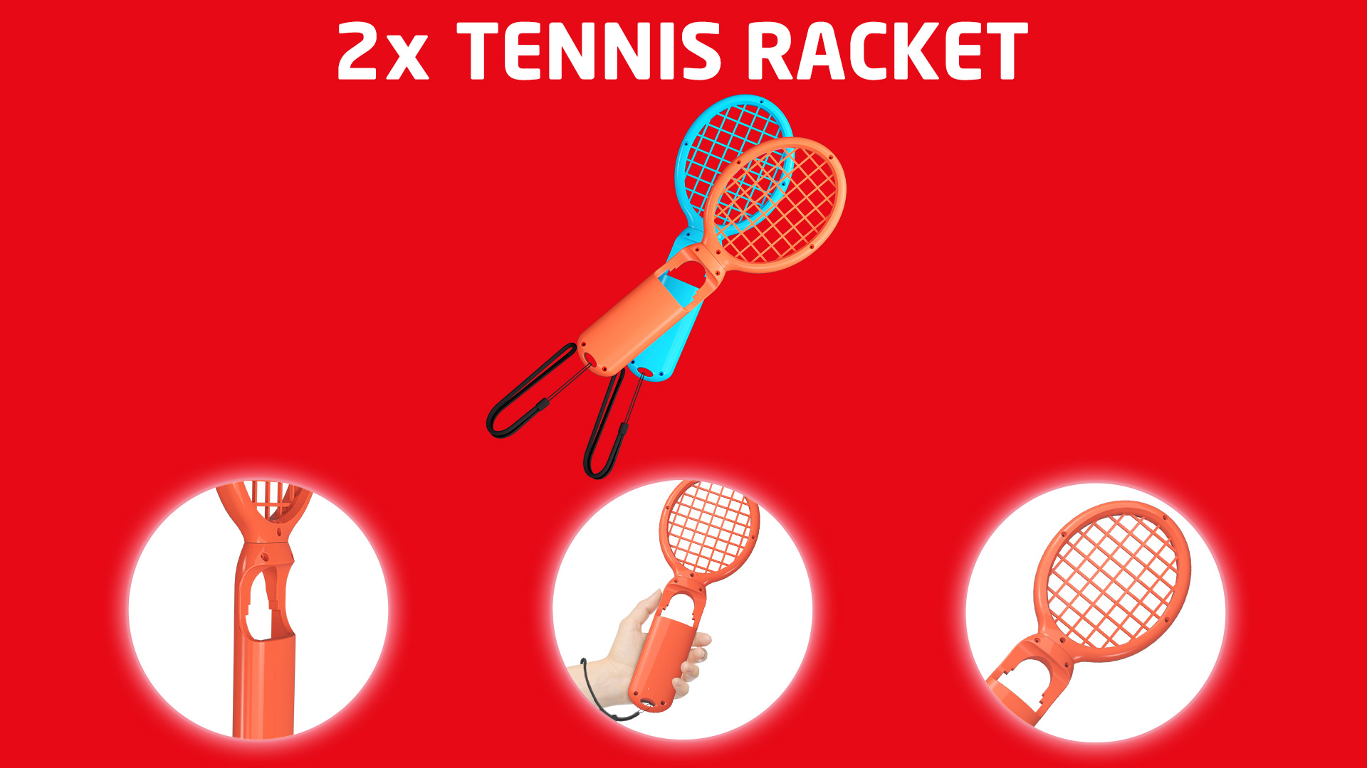 Zdjęcie przedstawia dwie rakiety tenisowe, niebieską i pomarańczową, na czerwonym tle, z trzema powiększonymi szczegółami w kołach.