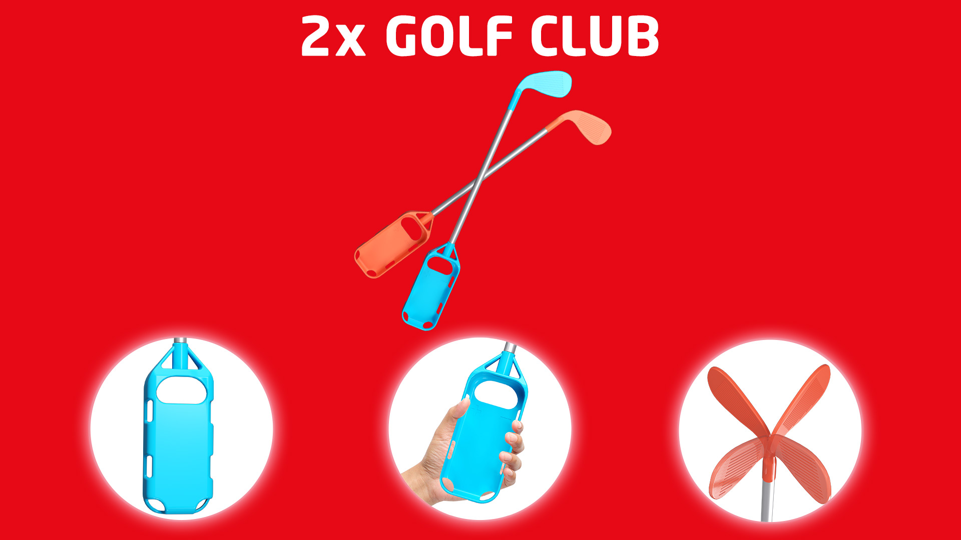 Obraz pokazuje dwa kije golfowe i części. Tło jest czerwone. Kije są pomarańczowe i niebieskie.