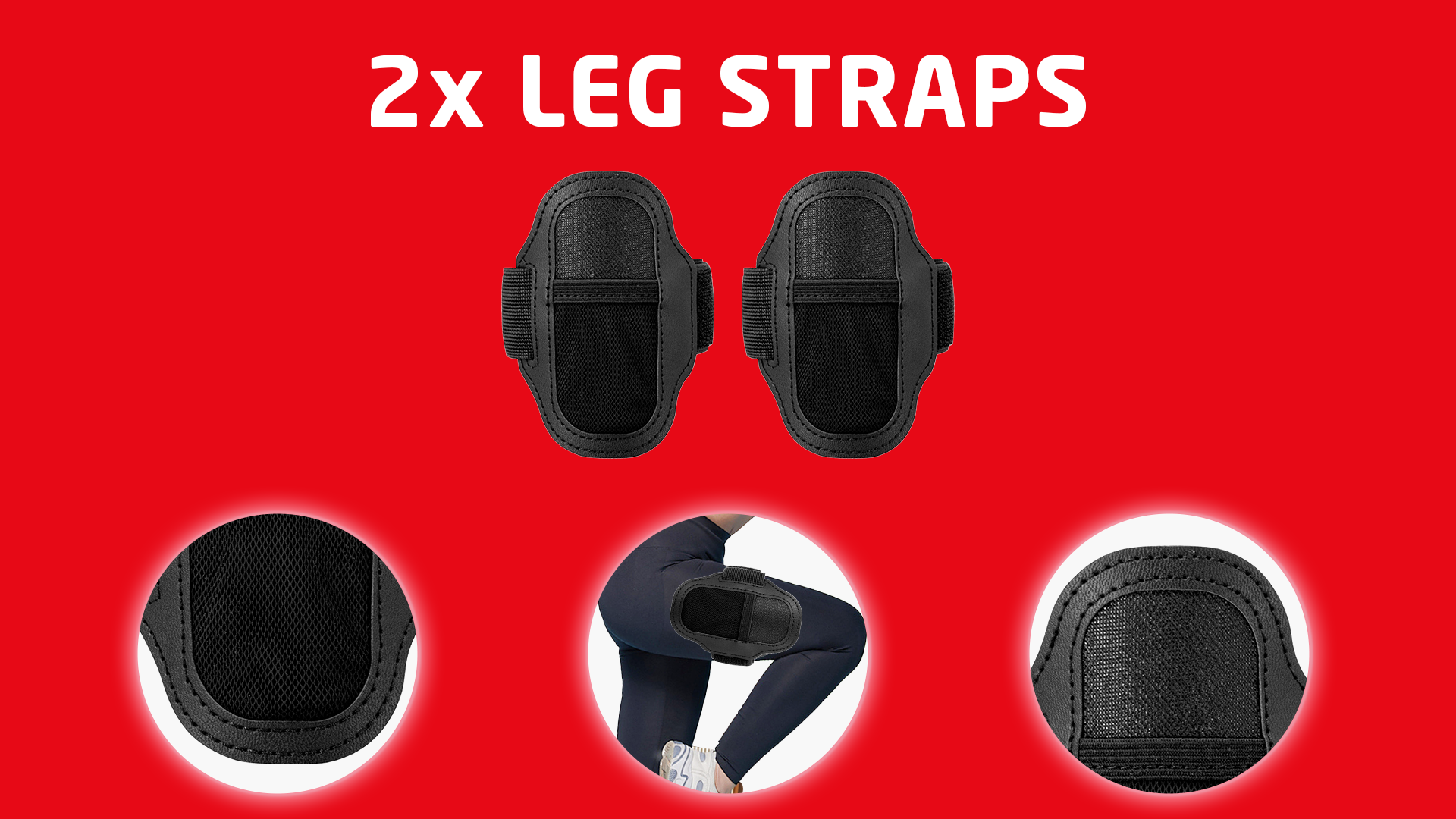 Dwa czarne paski na nogi na czerwonym tle. Osoba ma jeden na sobie. Dołączono szczegółowe zbliżenia paska.