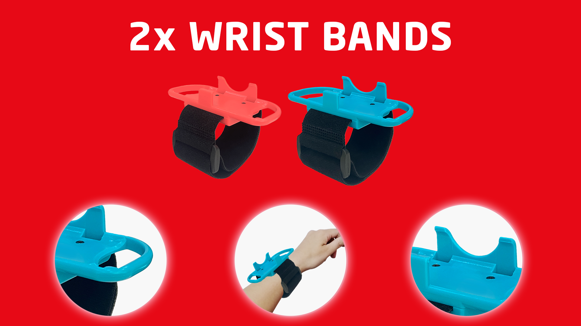 Obrazek przedstawia dwie opaski na nadgarstki, czerwoną i niebieską, z czarnymi paskami. Tekst: "2x Opaski na nadgarstek". Czerwone tło.