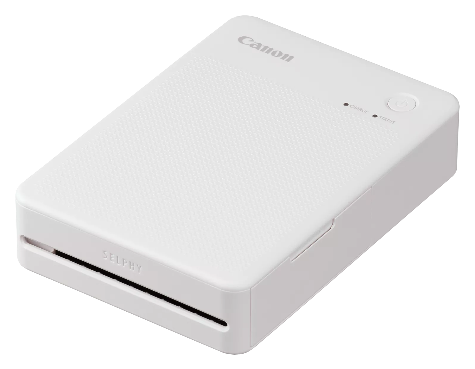 Biała drukarka Canon Selphy. Ma teksturowaną górę, przycisk zasilania i gniazda na papier. Tło jest czarne.