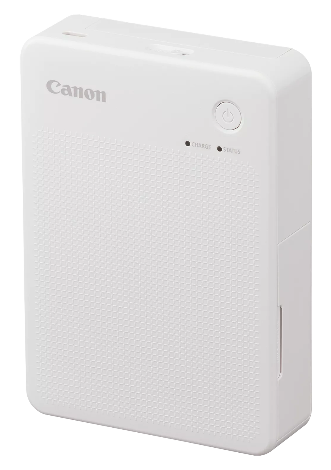 Biała drukarka Canon z przyciskiem zasilania i kontrolkami stanu. Wzorzysty przód, logo Canon. Elegancki, nowoczesny design.