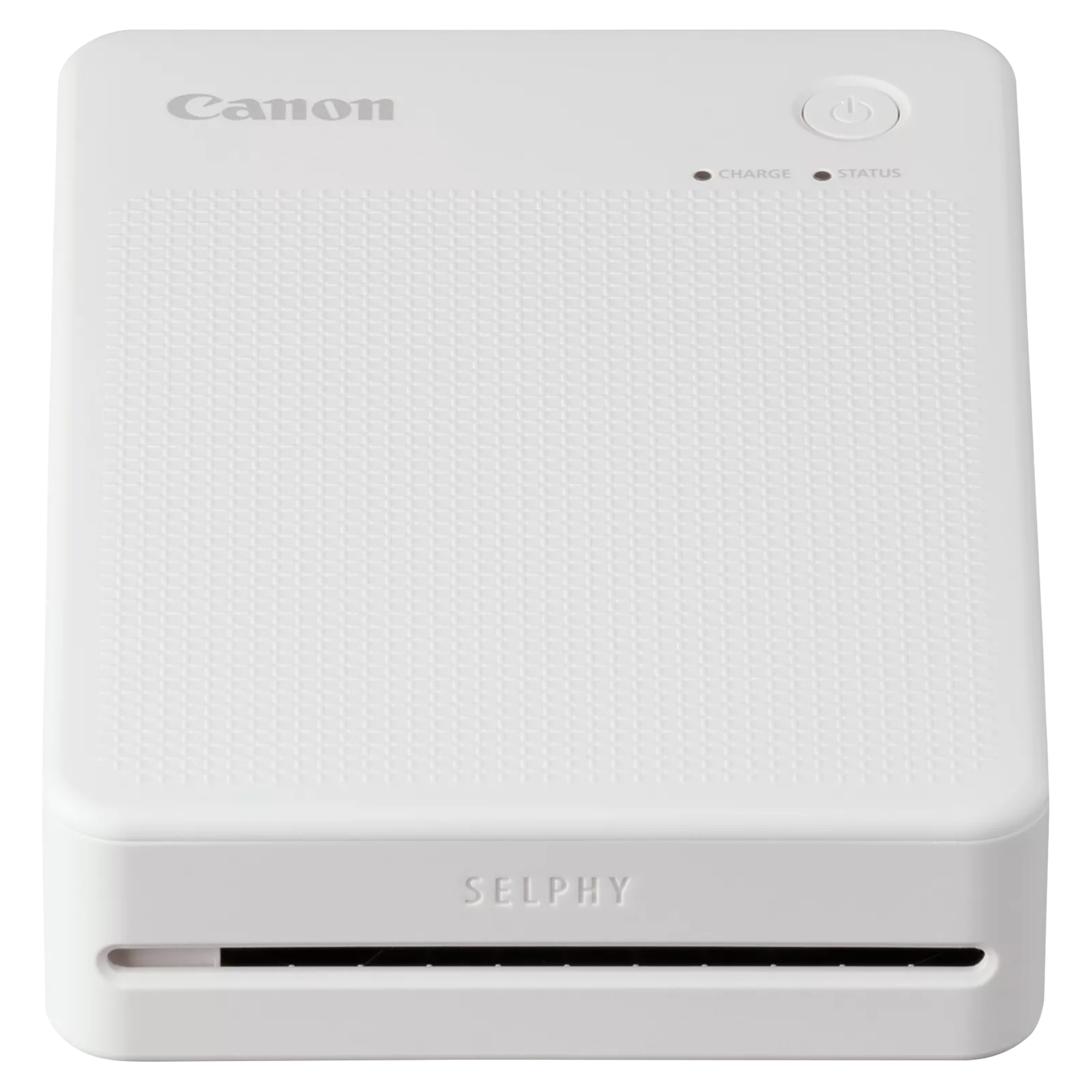 Biała drukarka Canon Selphy. Przycisk zasilania, wskaźniki ładowania i stanu na górze. Selphy jest napisane z przodu.