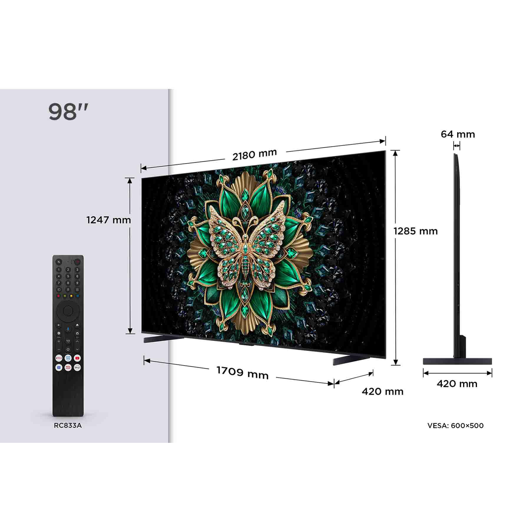 Ein 98-Zoll-Fernseher mit Schmetterlingskunst auf dem Bildschirm. Abmessungen werden angezeigt. Eine Fernbedienung befindet sich links.