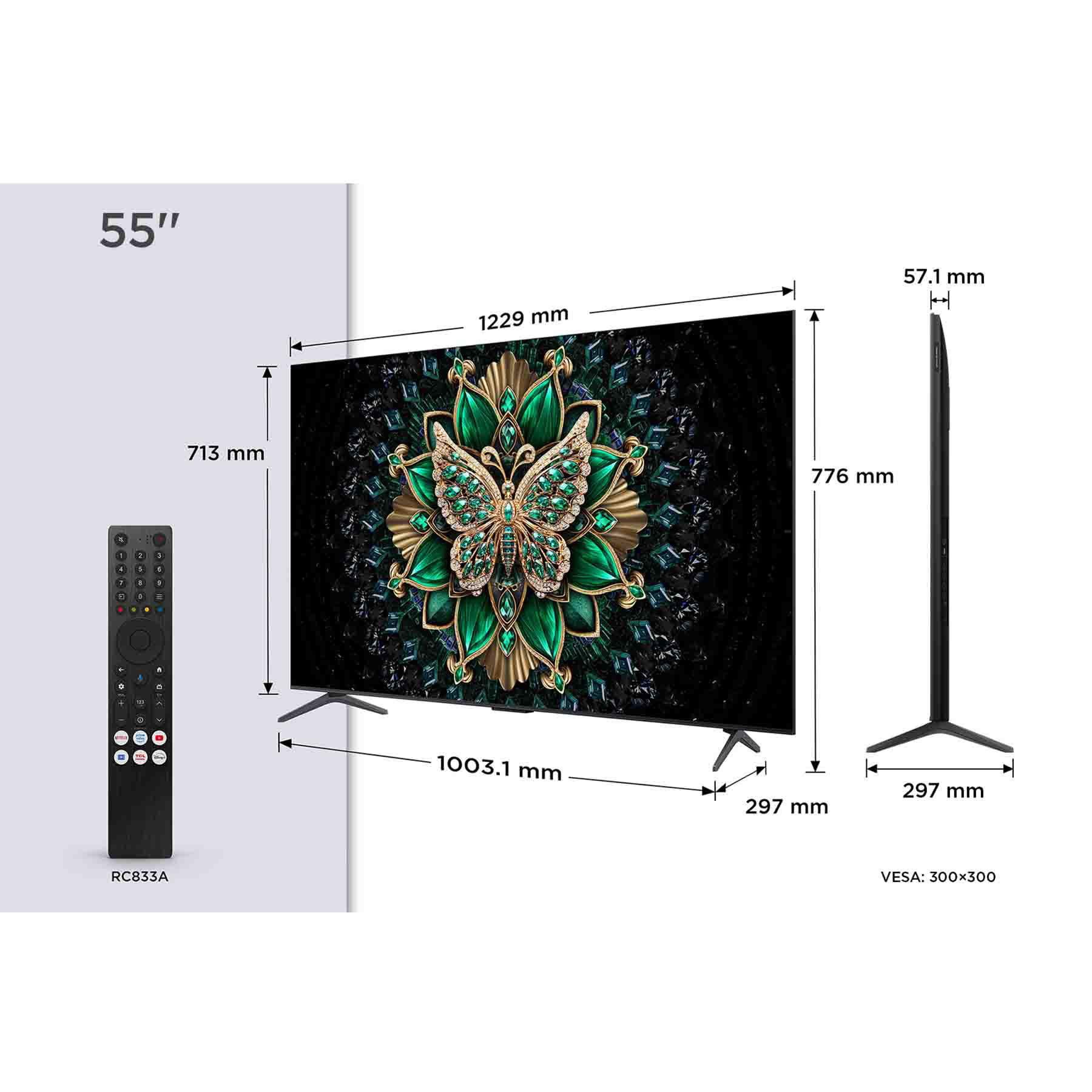 55"-Fernseher mit dekorativem Schmetterling auf dem Bildschirm. Zeigt auch Abmessungen, Fernbedienung und VESA-Spezifikationen.