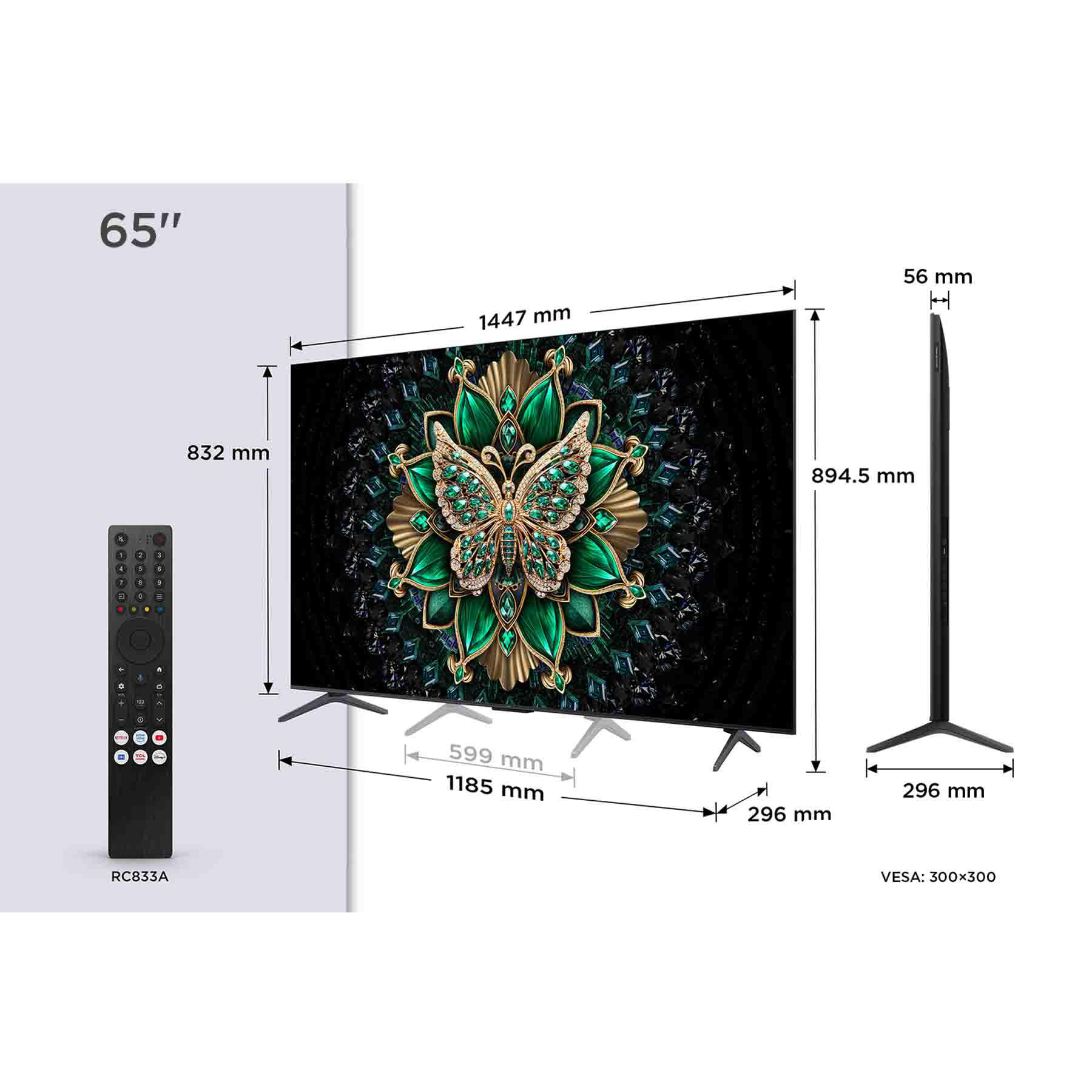 Ein 65-Zoll-Fernseher mit Schmetterlingsdesign auf dem Bildschirm, Abmessungen werden angezeigt. Enthält eine Fernbedienung und Größenangaben.