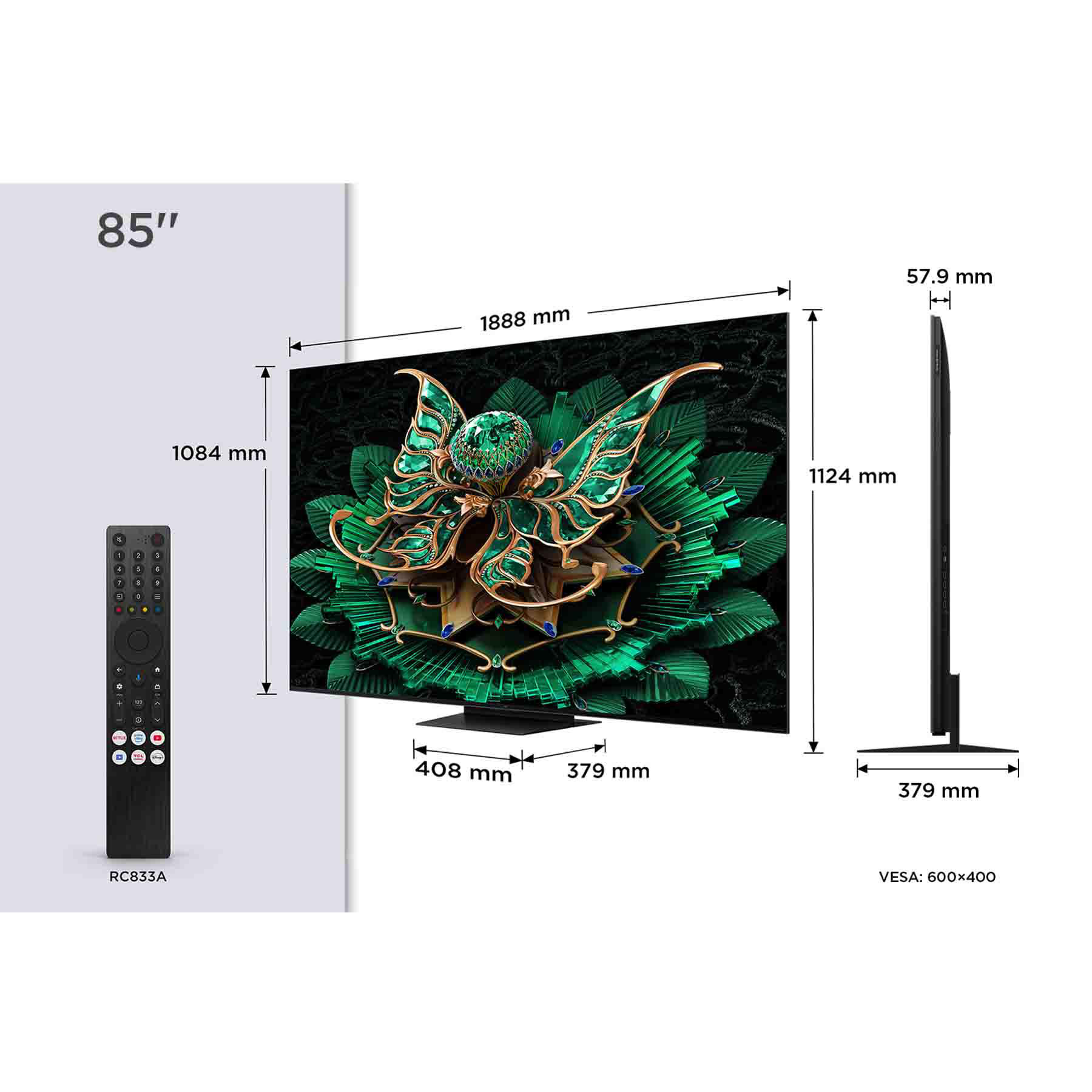 Ein 85-Zoll-Fernseher mit Abmessungen, Fernbedienung und dekorativem Design auf dem Bildschirm.