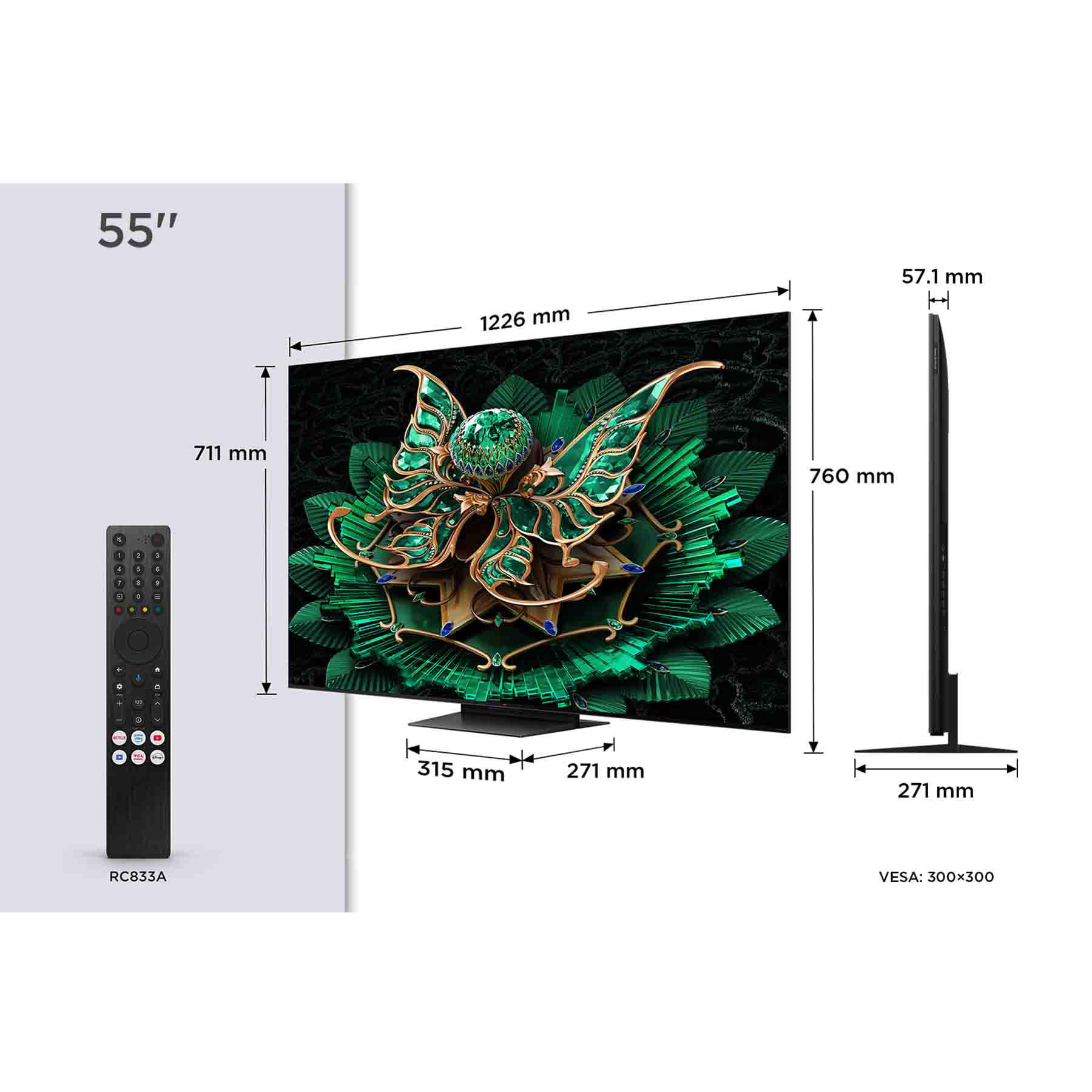55"-Fernseher mit grünem Design, Fernbedienung und Abmessungen. Seitenansicht zeigt Dicke. VESA: 300x300.