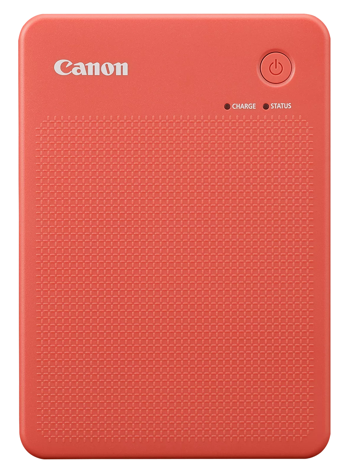 Koralowa drukarka Canon z przyciskiem zasilania, kontrolkami ładowania i stanu. Teksturowana powierzchnia. Czarne tło.