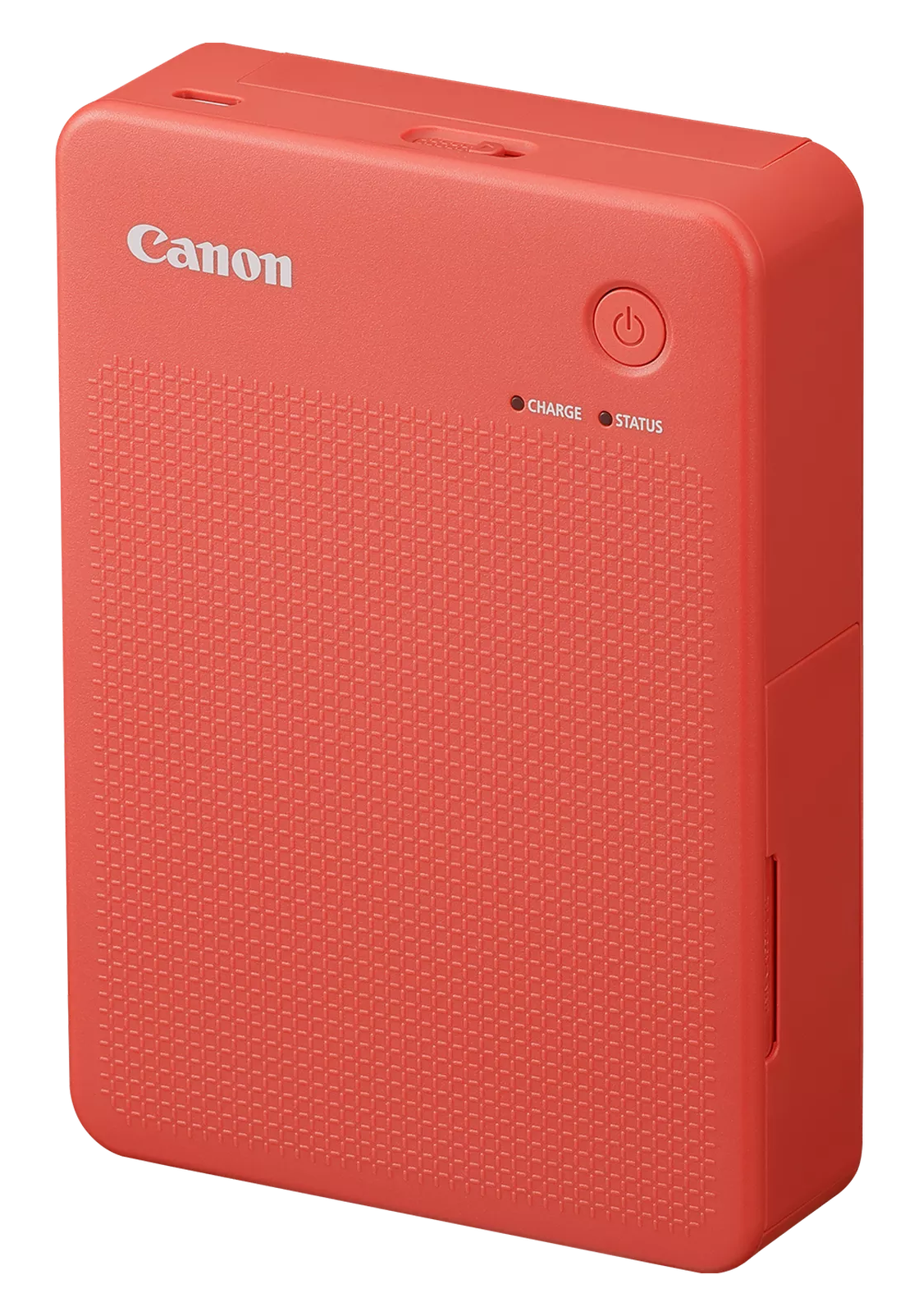 Czerwona drukarka Canon. Posiada przycisk zasilania, wskaźniki ładowania i stanu. Powierzchnia ma wzór tekstury.