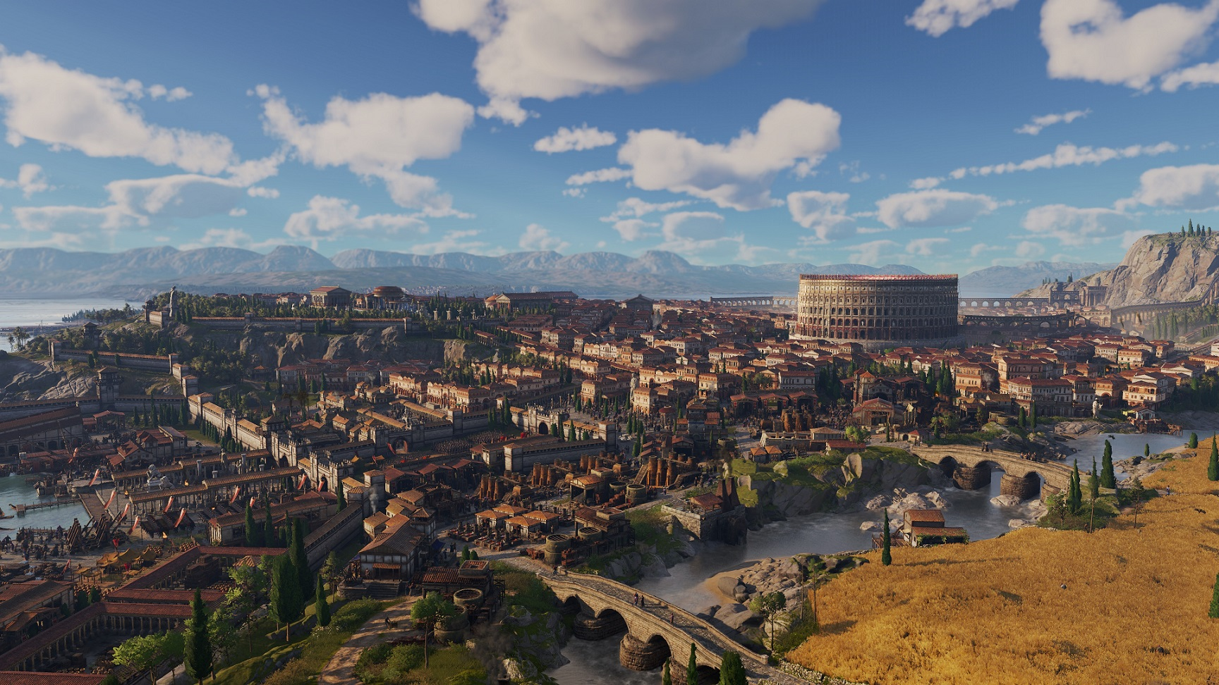 Antike Stadt mit Amphitheater, Häusern, Brücken und Bergen unter blauem Himmel. Fluss fließt durch die Stadt.
