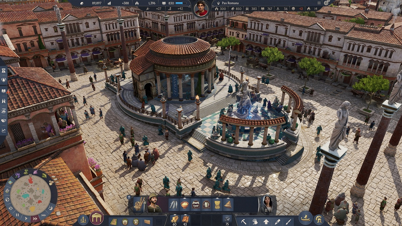 Szene auf einem römischen Stadtplatz. Gebäude umgeben eine zentrale Struktur mit einem Brunnen. Menschen gehen über den Platz.
