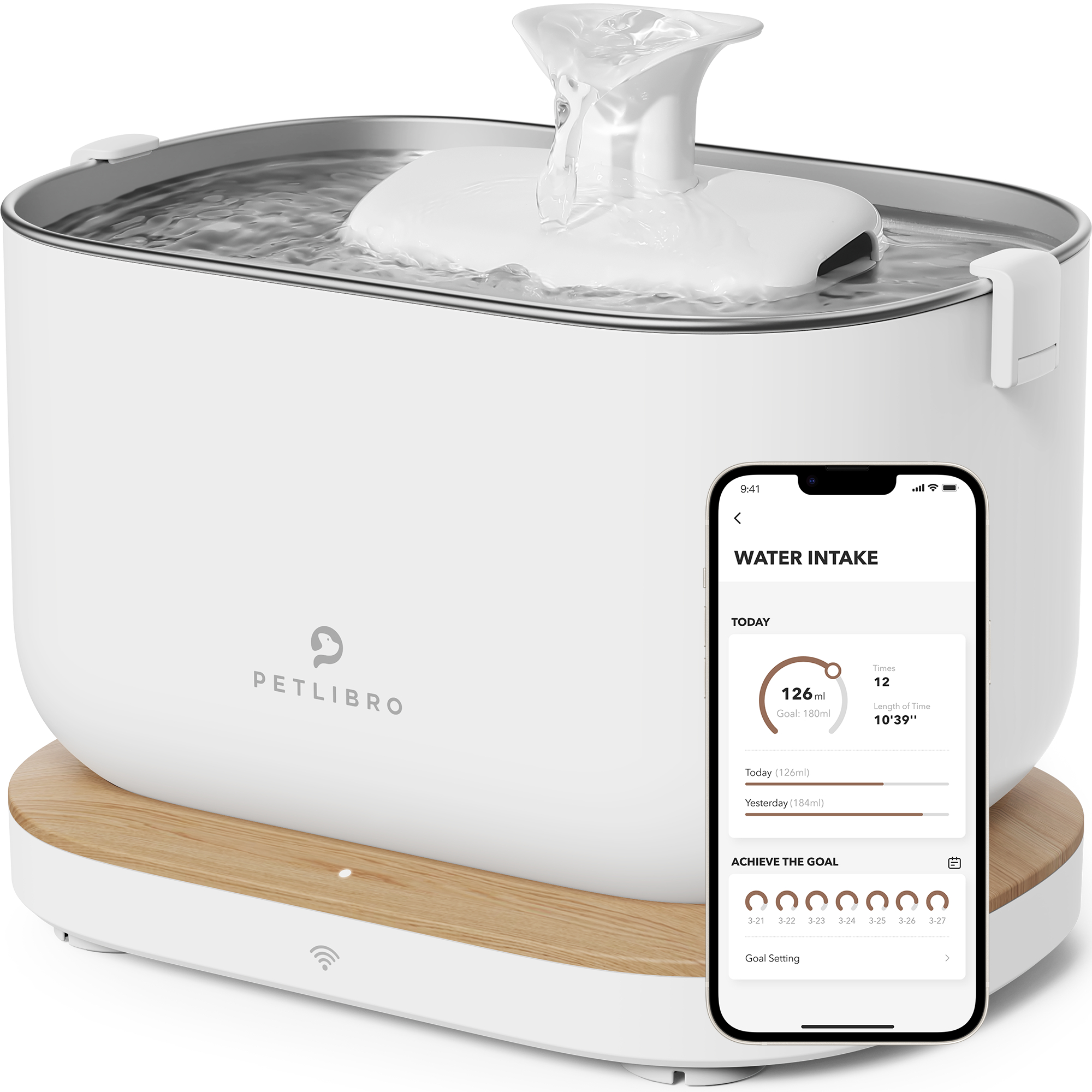 Weißer Haustier-Trinkbrunnen mit fließendem Wasser, ein Telefon zeigt Wasseraufnahmedaten und eine Holzbasis an.