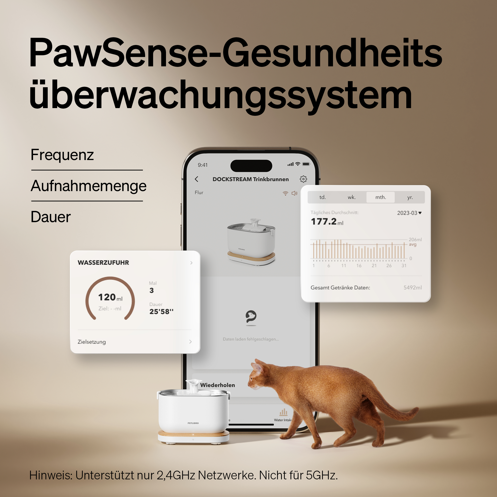 Eine Katze geht auf einen Wasserbrunnen zu, ein Telefon zeigt Wasseraufnahmedaten an. Text auf dem Bildschirm.