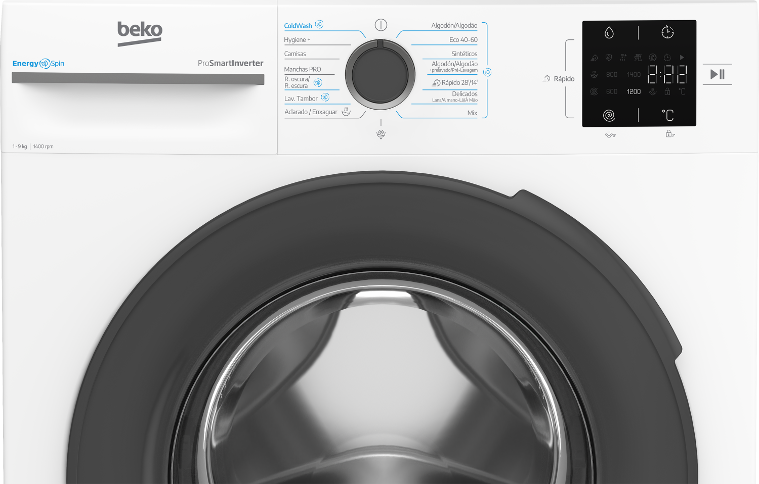 Lavadora Beko. Panel de control con dial, botones y pantalla digital que muestra tiempo y ajustes.