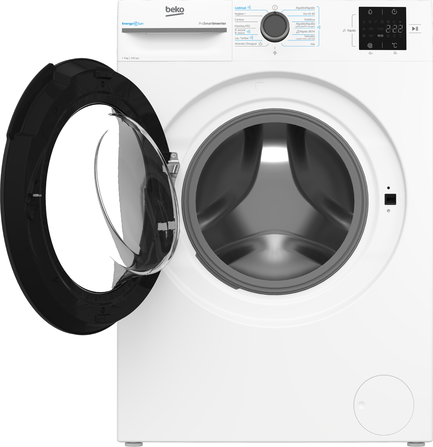 Una lavadora Beko blanca con puerta negra abierta, panel de control con pantalla y varias opciones de programa.