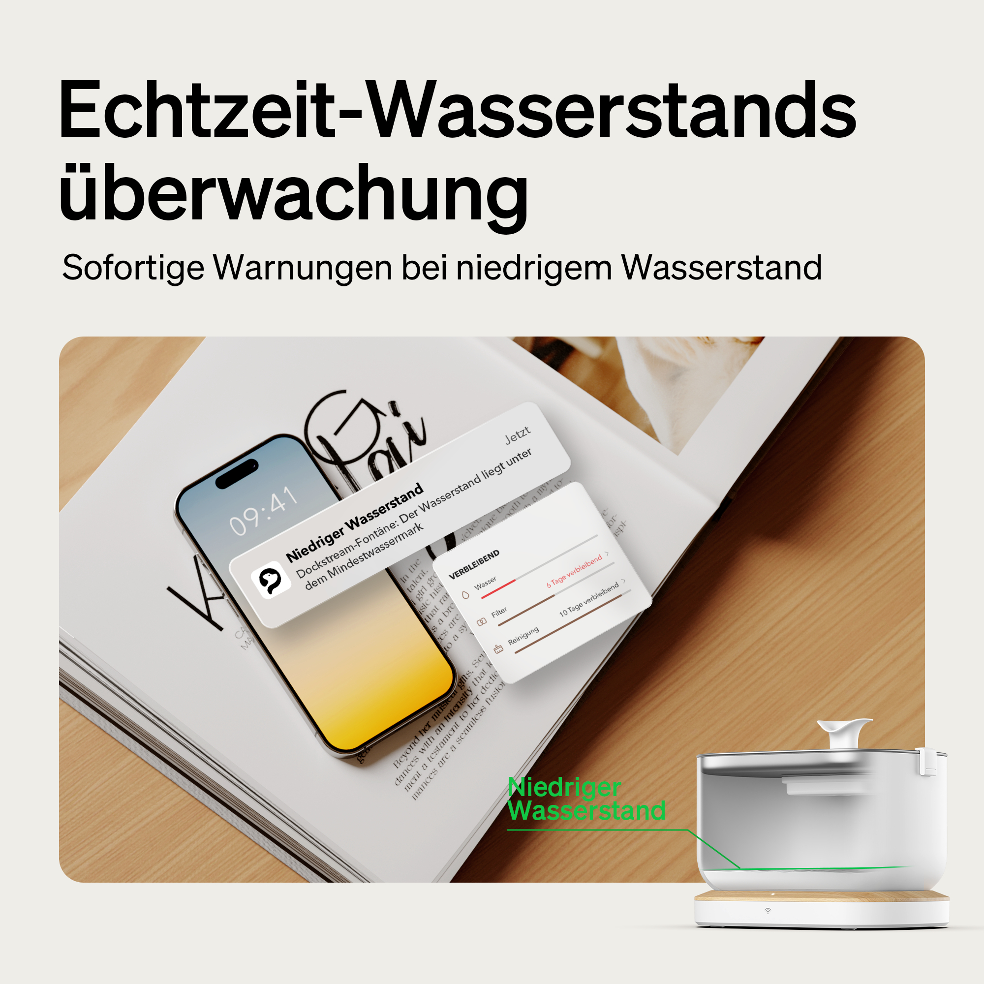 Telefon zeigt Warnung vor niedrigem Wasserstand neben einem Wasserbrunnen. Text über Echtzeit-Wasserstandsüberwachung.