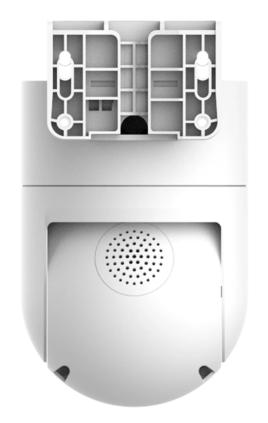 Białe urządzenie elektroniczne widoczne z góry. Posiada głośnik, uchwyt montażowy i zaokrąglone dno.