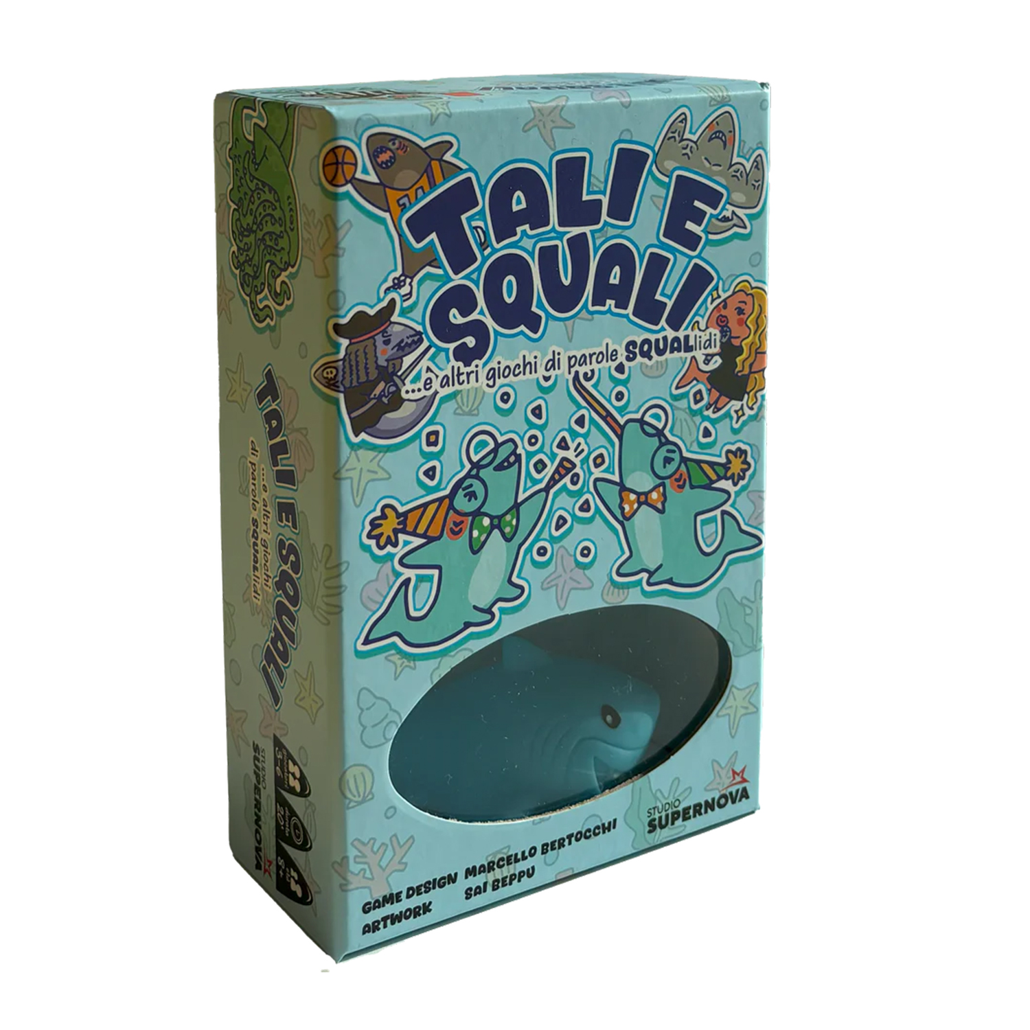 Scatola del gioco da tavolo 'Tali e Squali'. Presenta squali dei cartoni animati e altre creature marine in uno schema di colori blu e turchese.