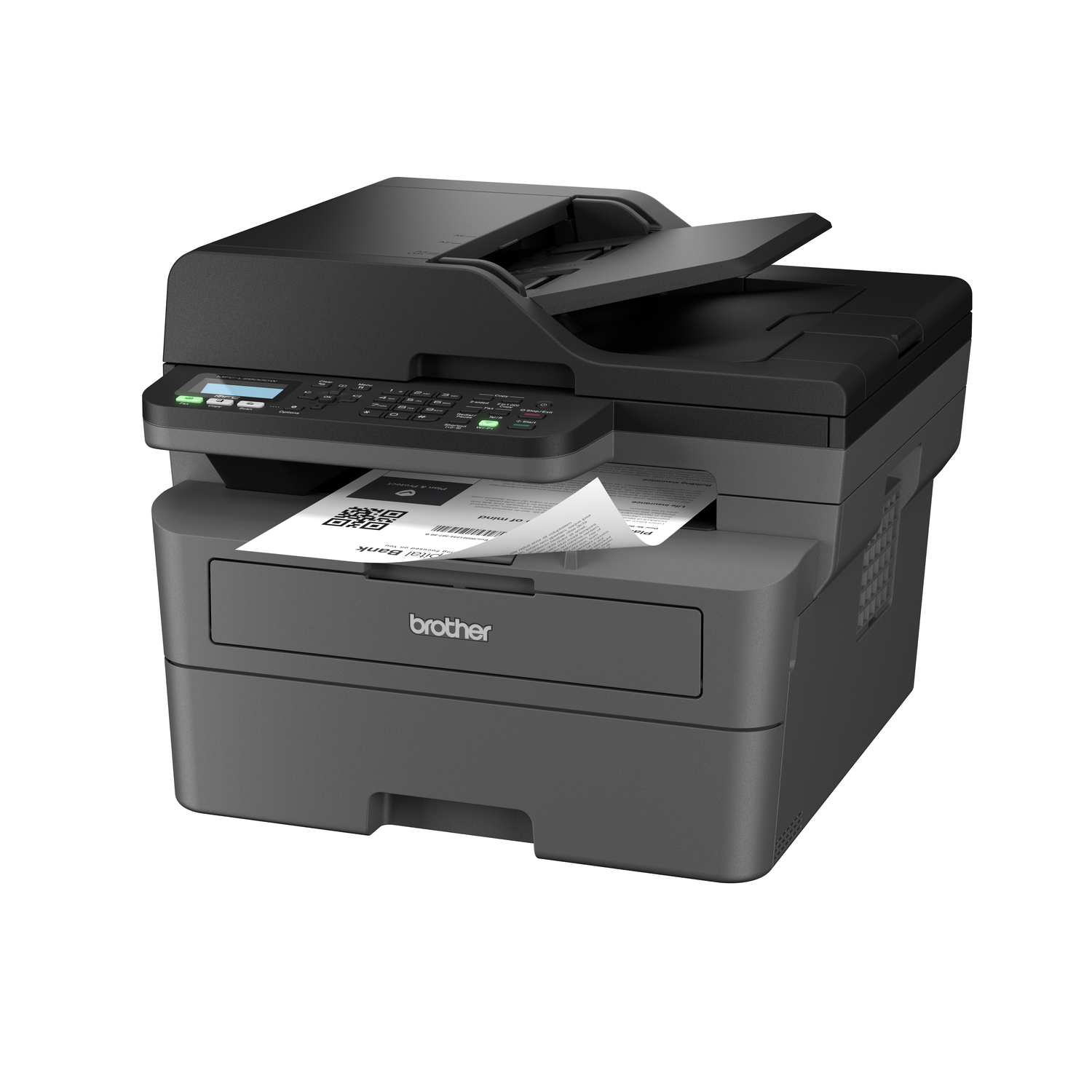 A black Brother printer with a document inside. The top is open. The printer is on a white background.