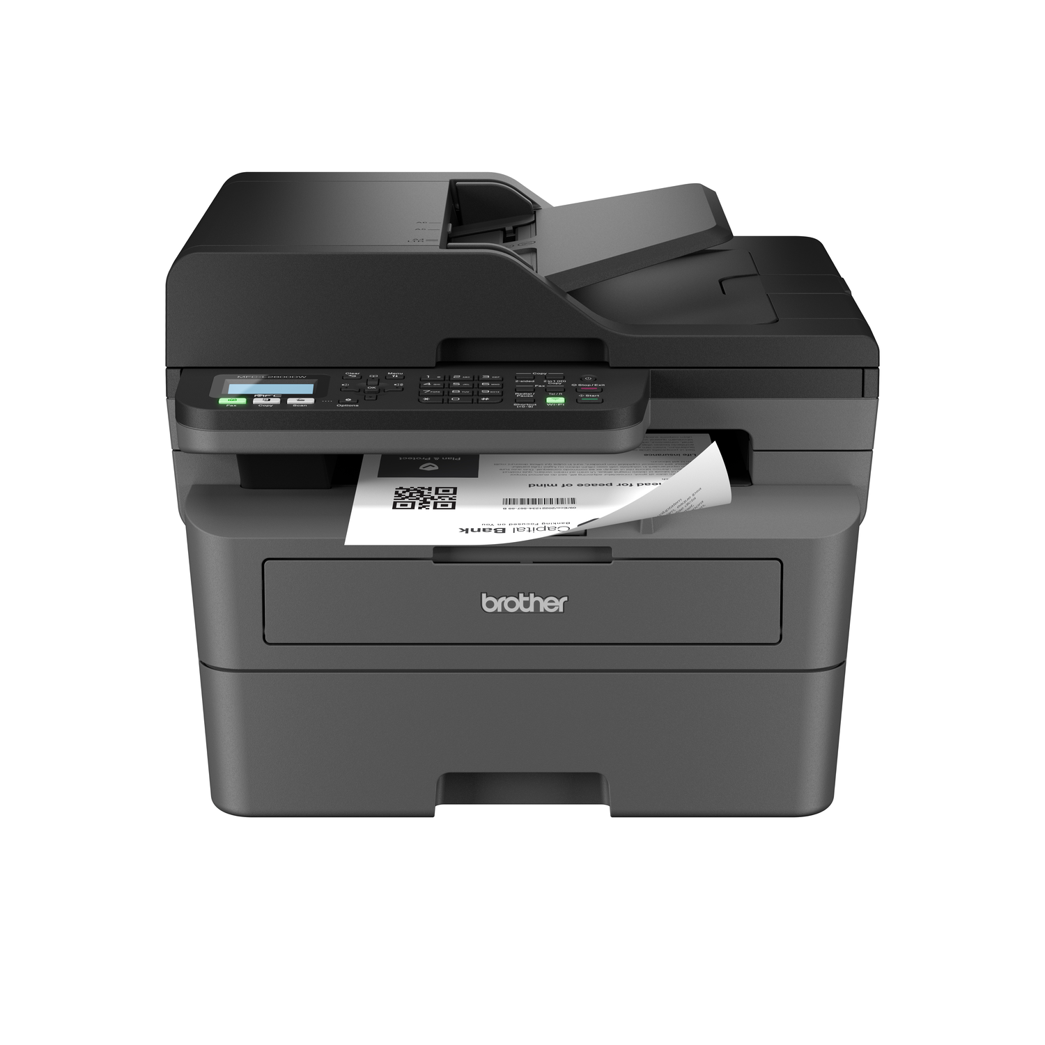 Black Brother printer with a document printing. The printer is on a white background.