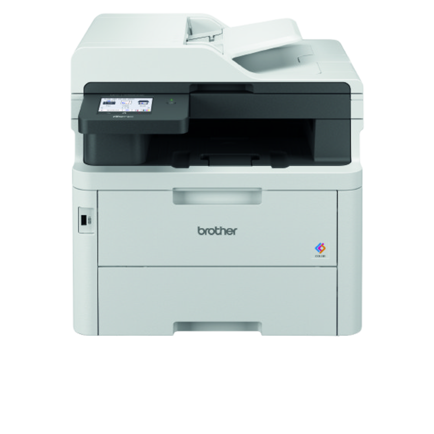 Een witte Brother multifunctionele printer. Het heeft een flatbedscanner, een bedieningspaneel en een papierlade. De achtergrond is zwart.