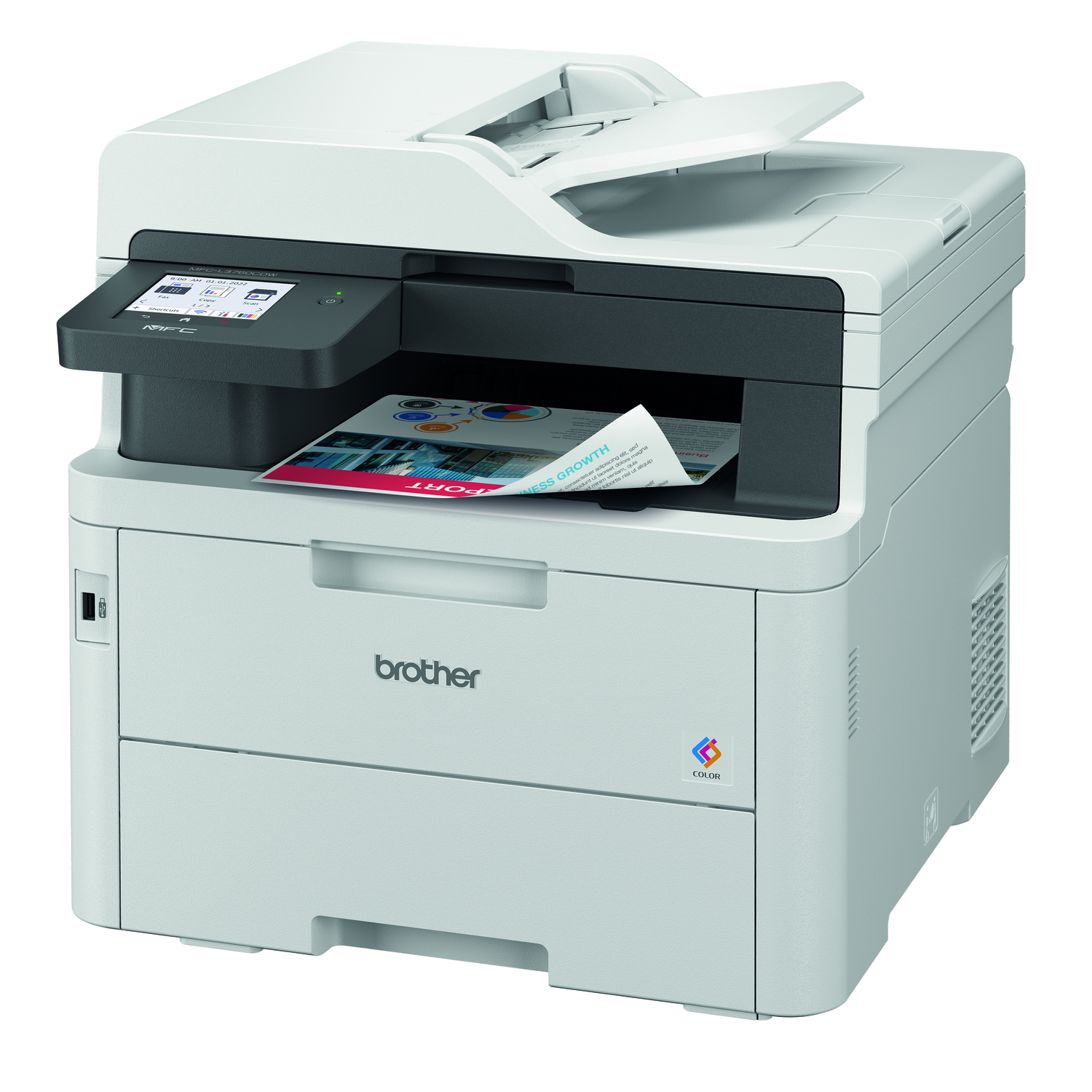 Een witte en grijze Brother kleurenprinter wordt getoond. Een afgedrukt rapport komt uit de printer. De printer toont een display.