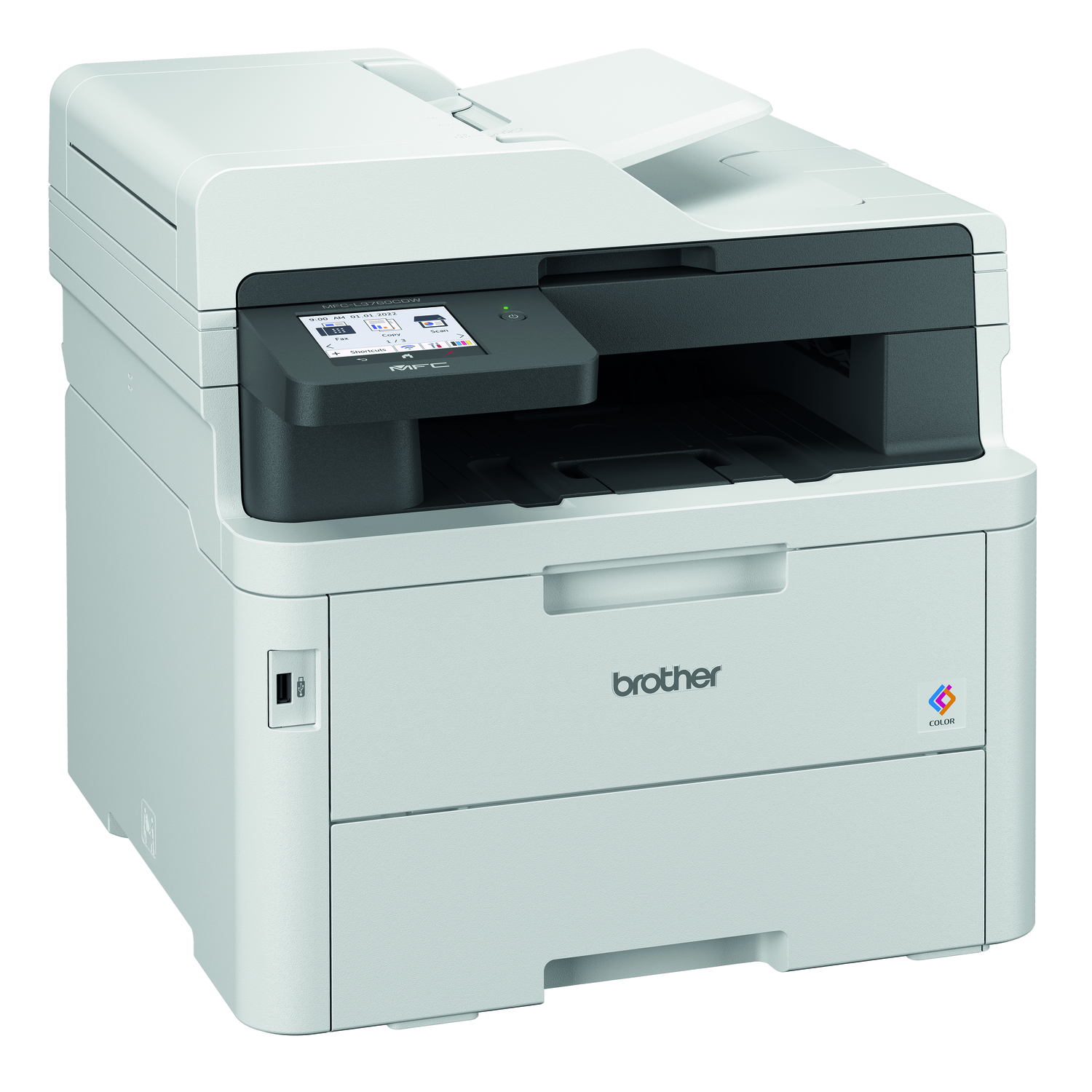 Een Brother kleurenlaserprinter. De printer is wit en grijs, met een scherm en meerdere laden.
