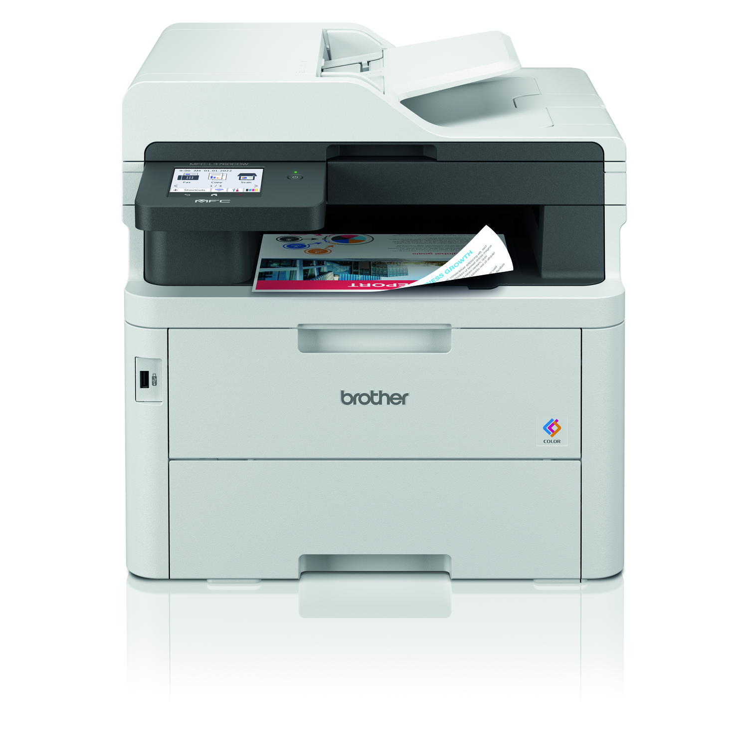 Een witte Brother kleurenprinter met een afgedrukt rapport in de uitvoerlade. Het heeft een scherm en een kleurensymbool.