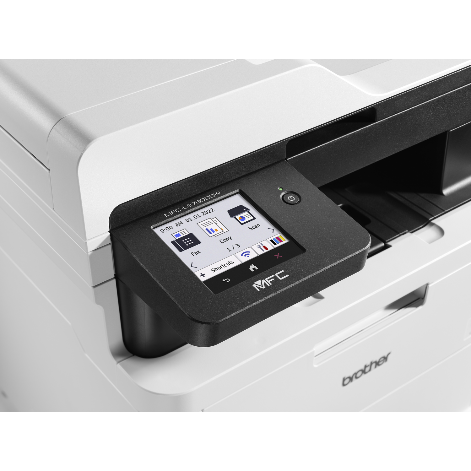 Een Brother MFC-L3760CDW printer wordt getoond. Het display toont fax-, kopieer- en scanopties. De printer is wit en zwart.