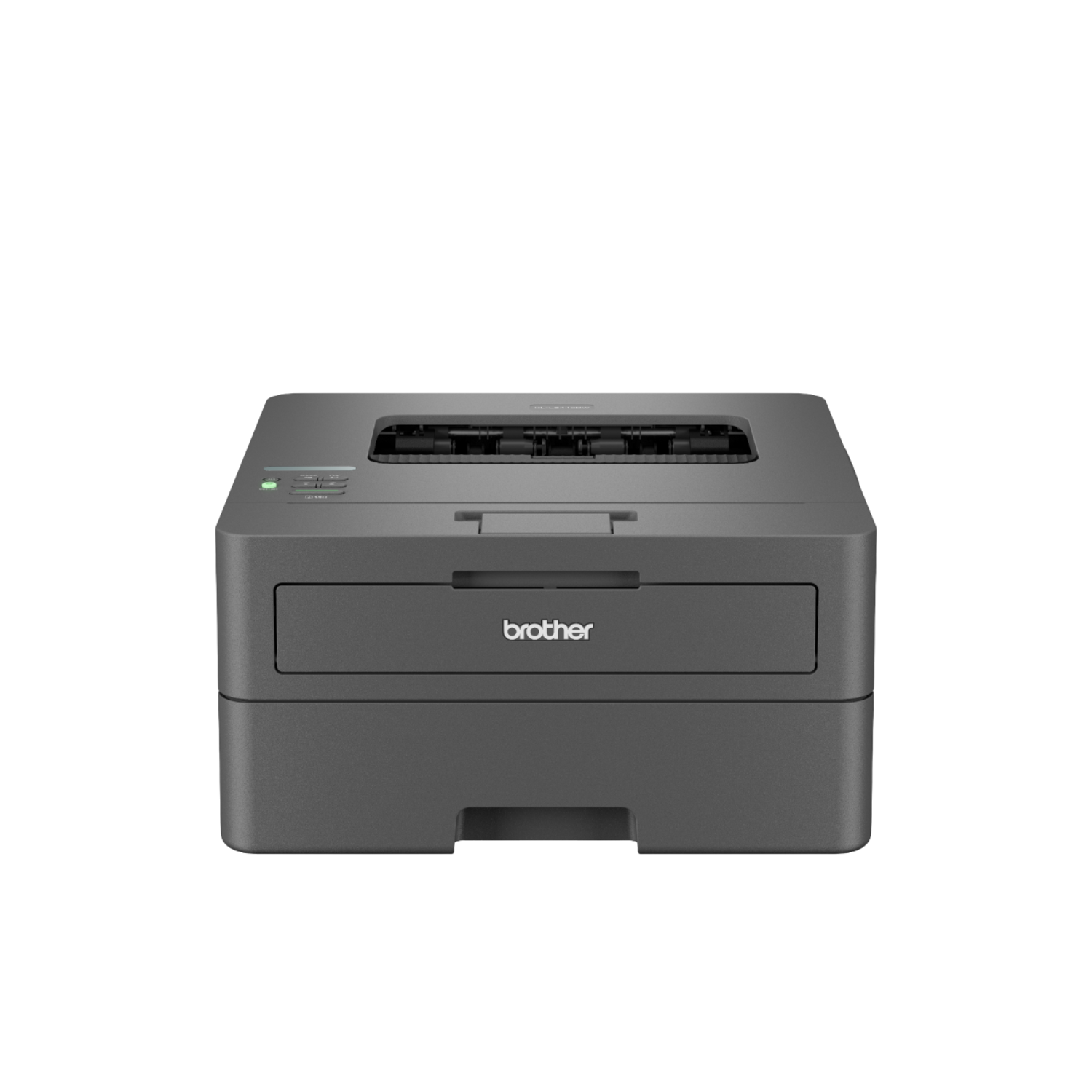 Een grijze Brother-printer op zwarte achtergrond. De printer heeft een papierlade en een bedieningspaneel.