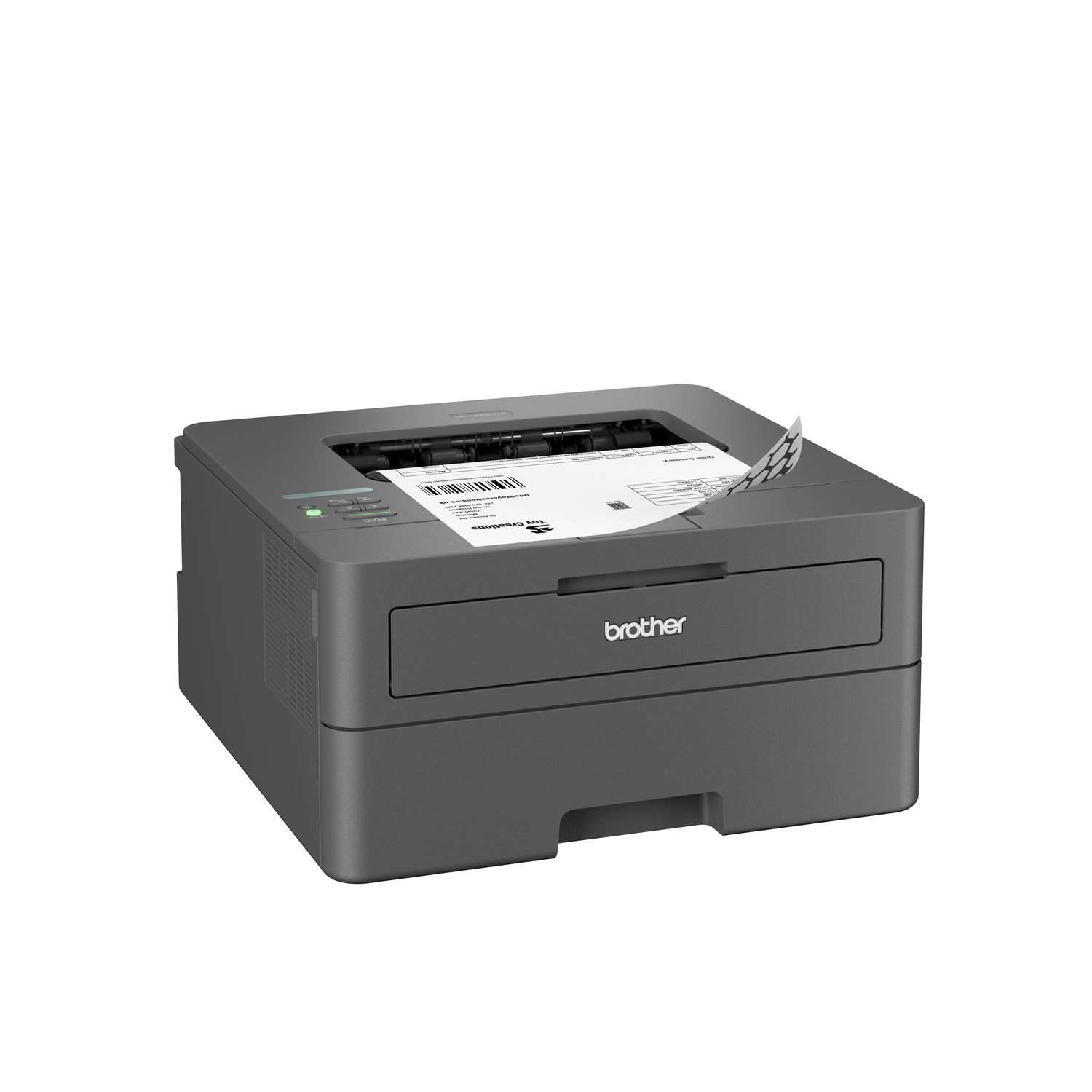 Een grijze Brother-printer drukt een document af. Het papier wordt gedeeltelijk uitgeworpen. Een groen lampje geeft aan dat het apparaat aan staat.