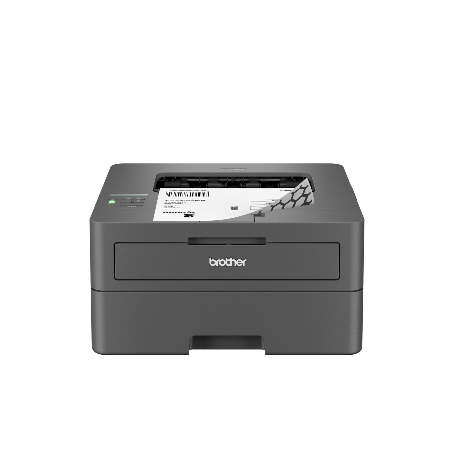 Een grijze Brother-printer print een document. Het document heeft tekst en een barcode. De printer staat op een wit oppervlak.