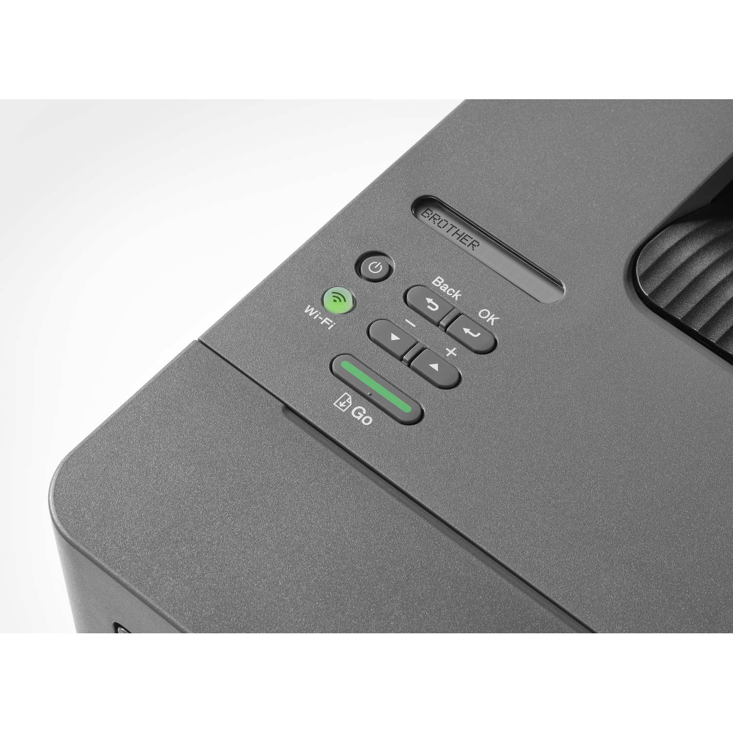 Grijze Brother printer detail. Wi-Fi, stroom, navigatieknoppen en 'Go'-knop met groene indicatoren zijn zichtbaar.