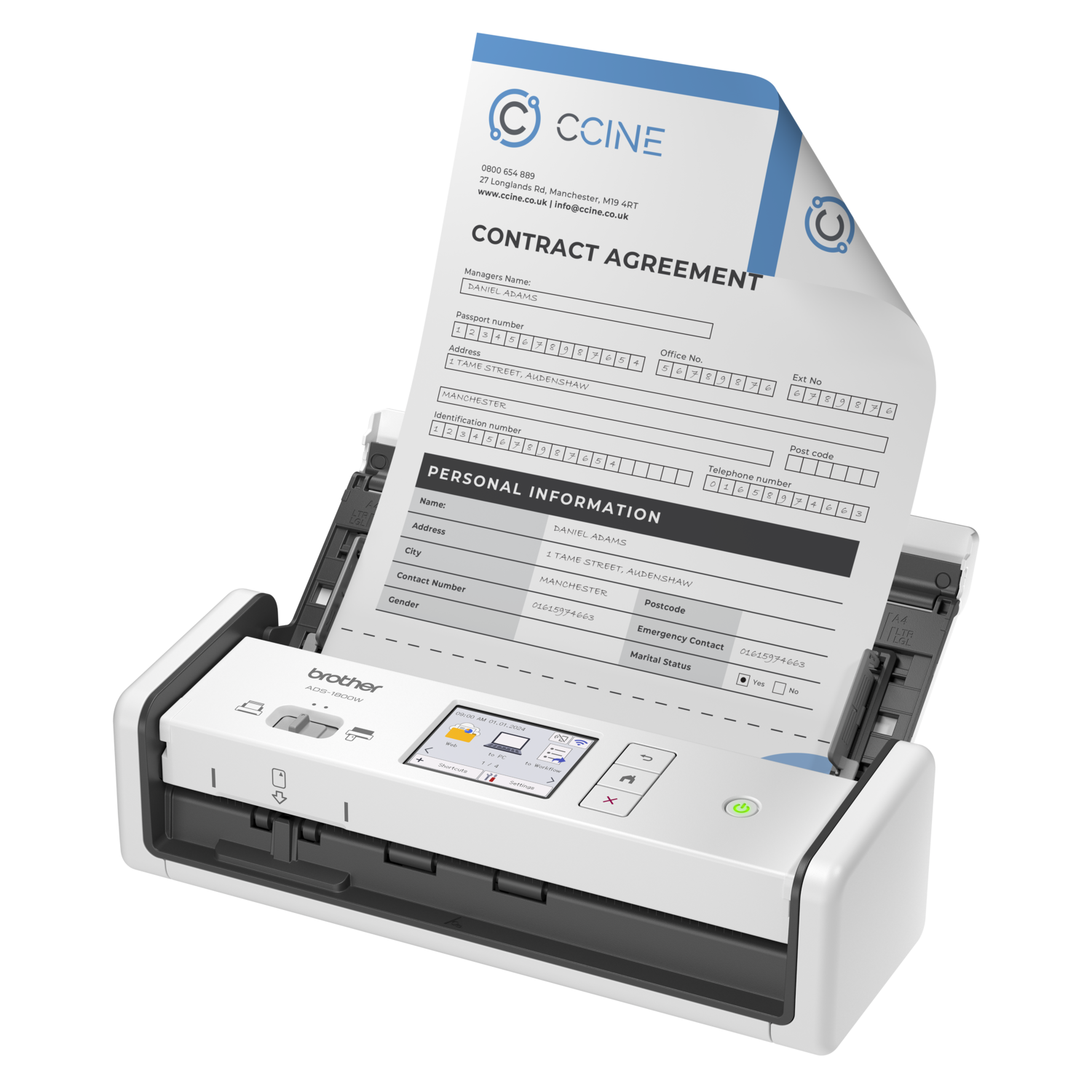 Een Brother ADS-1800W-scanner scant een contract. Het document toont persoonlijke informatie en bedrijfsgegevens.