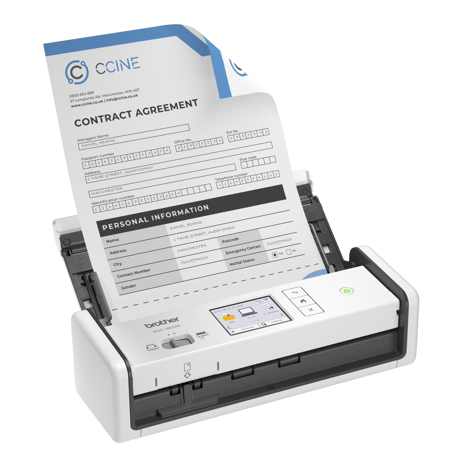 Een documentenscanner met een contractovereenkomst, inclusief tekst en details zoals namen, adressen en contactgegevens.