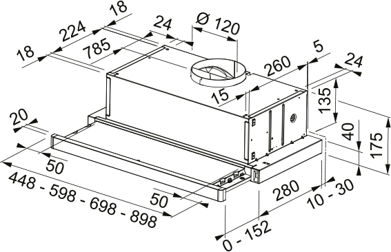 Diagrama de una campana extractora con dimensiones. Muestra un cuerpo rectangular con un respiradero circular y una sección extraíble.