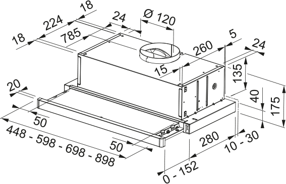 Vista isométrica de una campana extractora con dimensiones en mm. Presenta un cuerpo rectangular, un conducto circular y una balda extraíble.