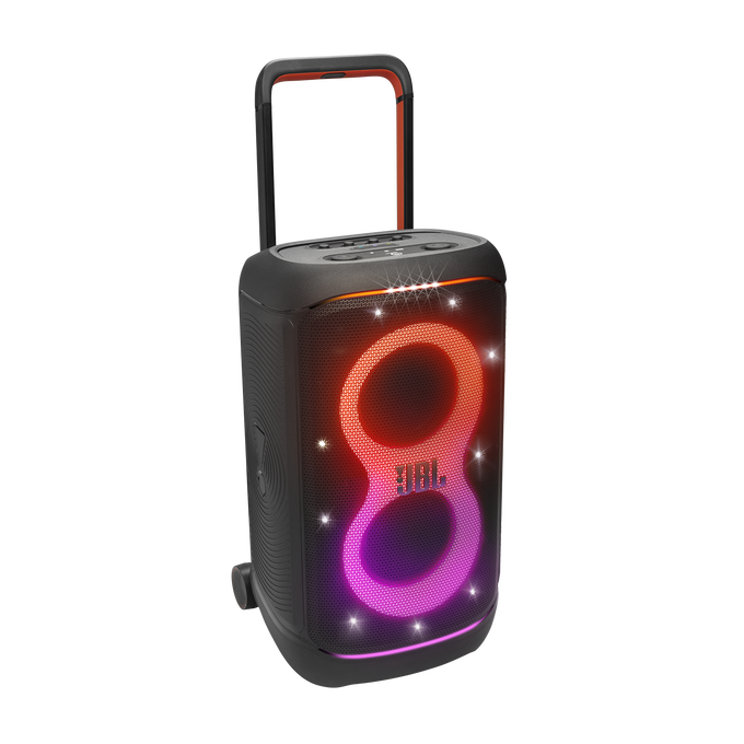 Altavoz JBL negro con luces naranjas, rojas y moradas. Tiene asa y ruedas.