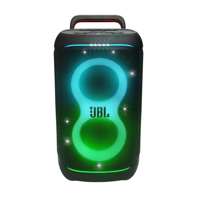 Altavoz JBL con diseño brillante azul y verde. Cuerpo negro, asa en la parte superior. Logotipo JBL en el centro.