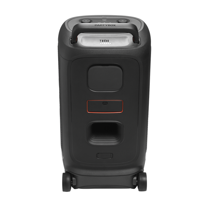 Altavoz JBL PartyBox negro con asa, ruedas y botones. Tiene el logotipo de JBL y la etiqueta "PARTYBOX" arriba.