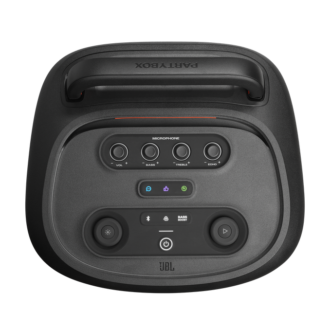 Altavoz JBL PartyBox negro. Vista superior con controles: volumen, bajos, agudos, eco, encendido, refuerzo de bajos y reproducir/pausar.